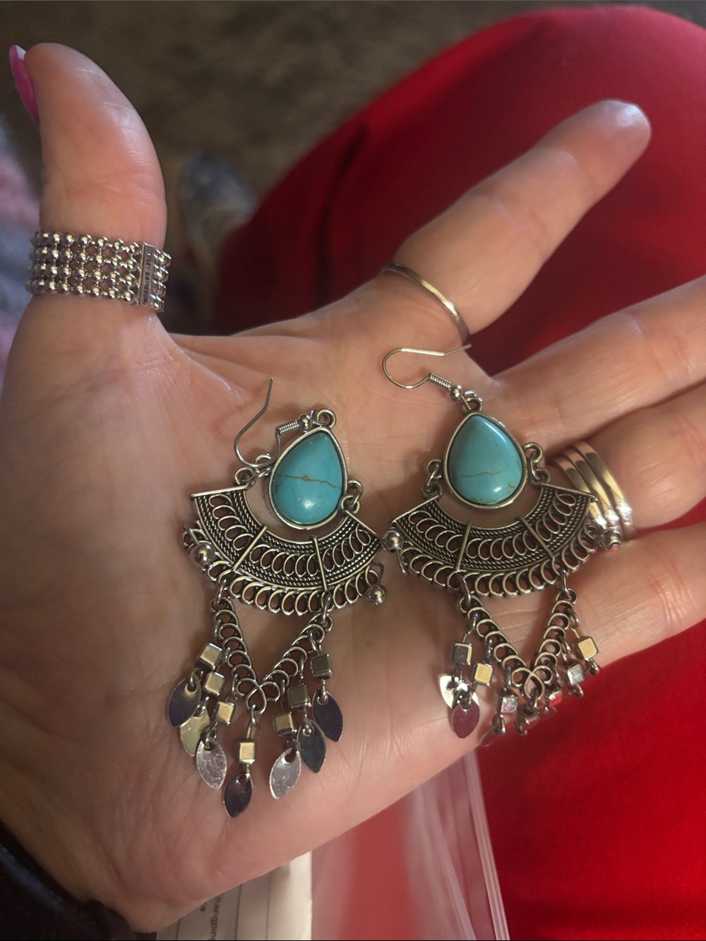 Bohemian Turquoise Teardrop Dangle Earrings - Silver Tone